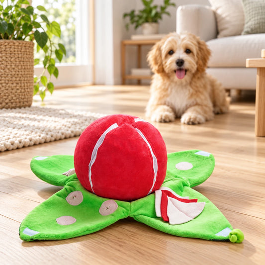 Green watermelon plush toy opened to show its red interior beside a dog.