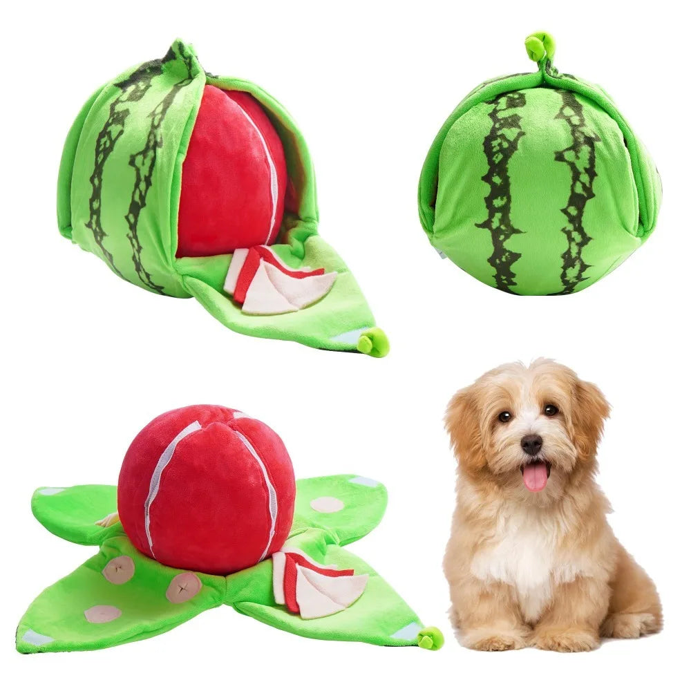Green watermelon-shaped plush dog toy with red interior