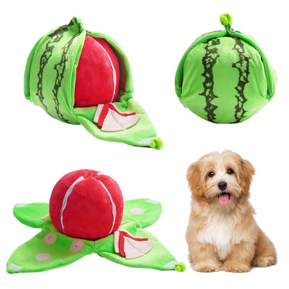 Green watermelon-shaped plush dog toy with red interior