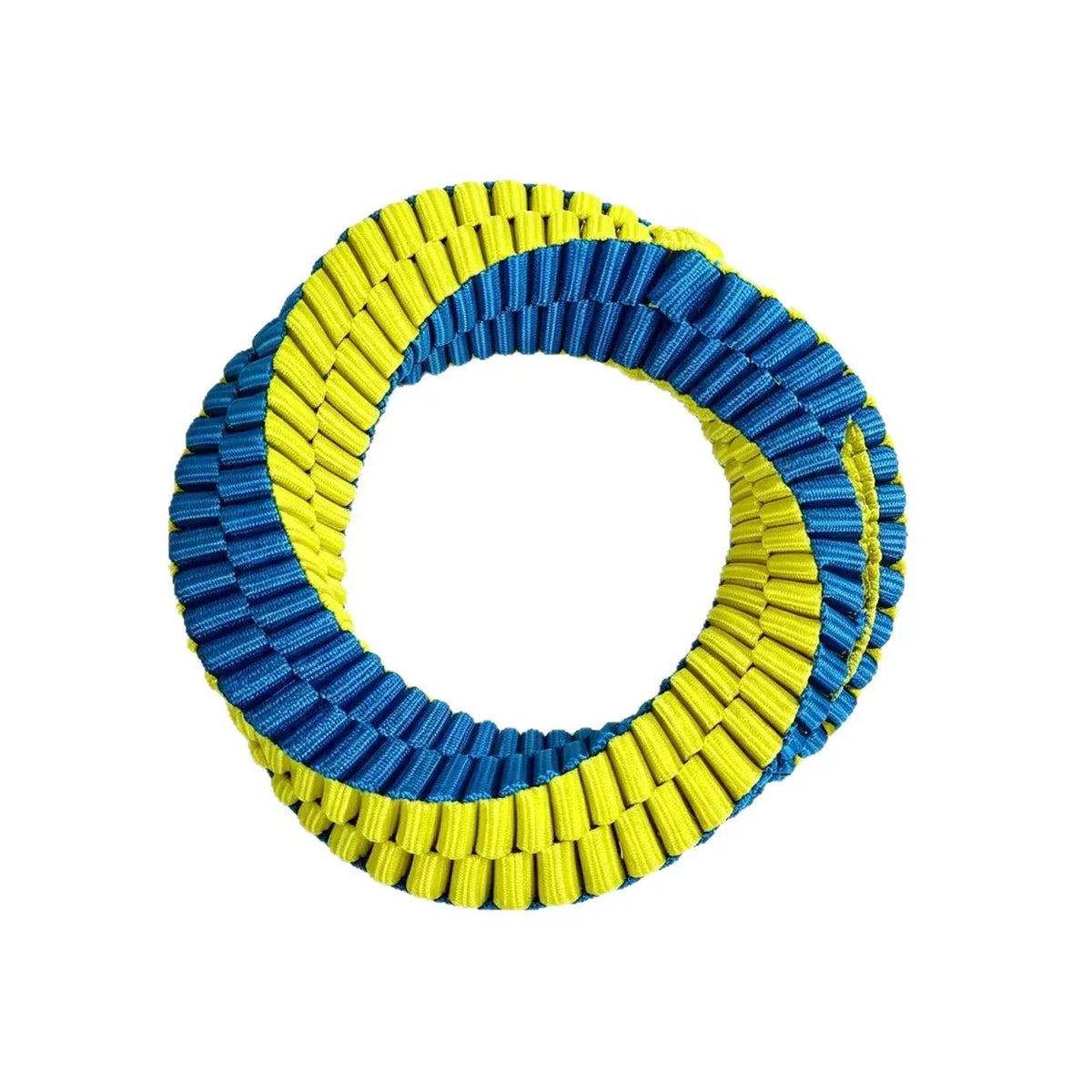Single blue-and-yellow woven dog tug ring on a white background.