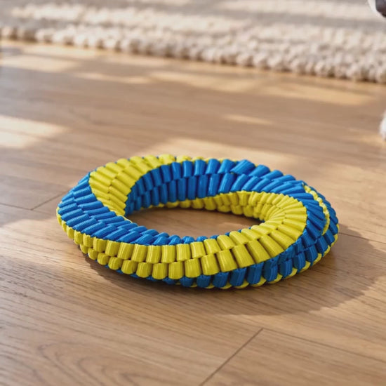 AI-generated product illustration: Single blue-and-yellow woven dog toy ring on a light wood floor with a dog nearby.