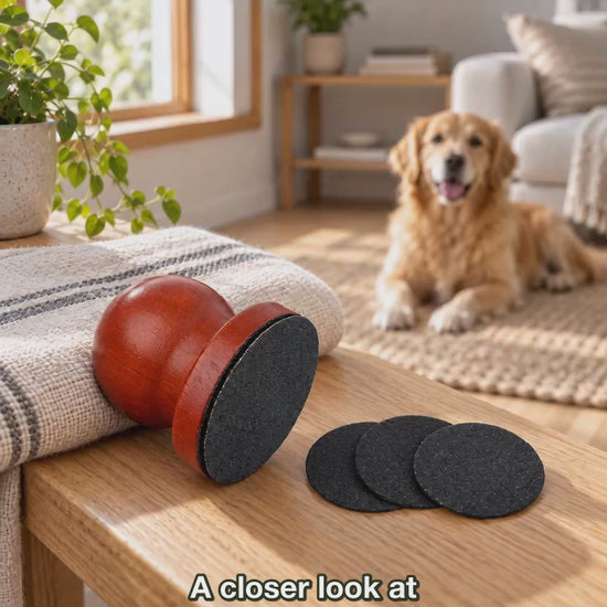AI-generated product illustration: Wooden palm nail file with three dark sanding pads beside a resting dog.