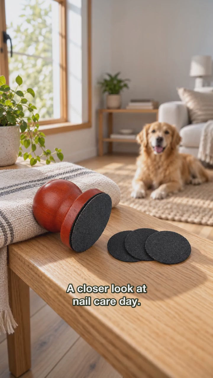 AI-generated product illustration: Wooden palm nail file with three dark sanding pads beside a resting dog.