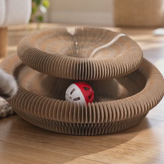 AI-generated product illustration: Style A folded accordion cat scratcher with a red-and-white ball beside a cat.