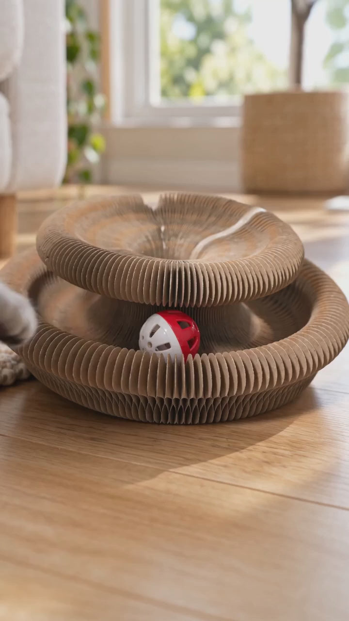 AI-generated product illustration: Style A folded accordion cat scratcher with a red-and-white ball beside a cat.