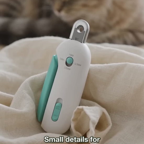 AI-generated product illustration: Blue and white manual pet nail clipper showing its adjustable round opening in a home setting.