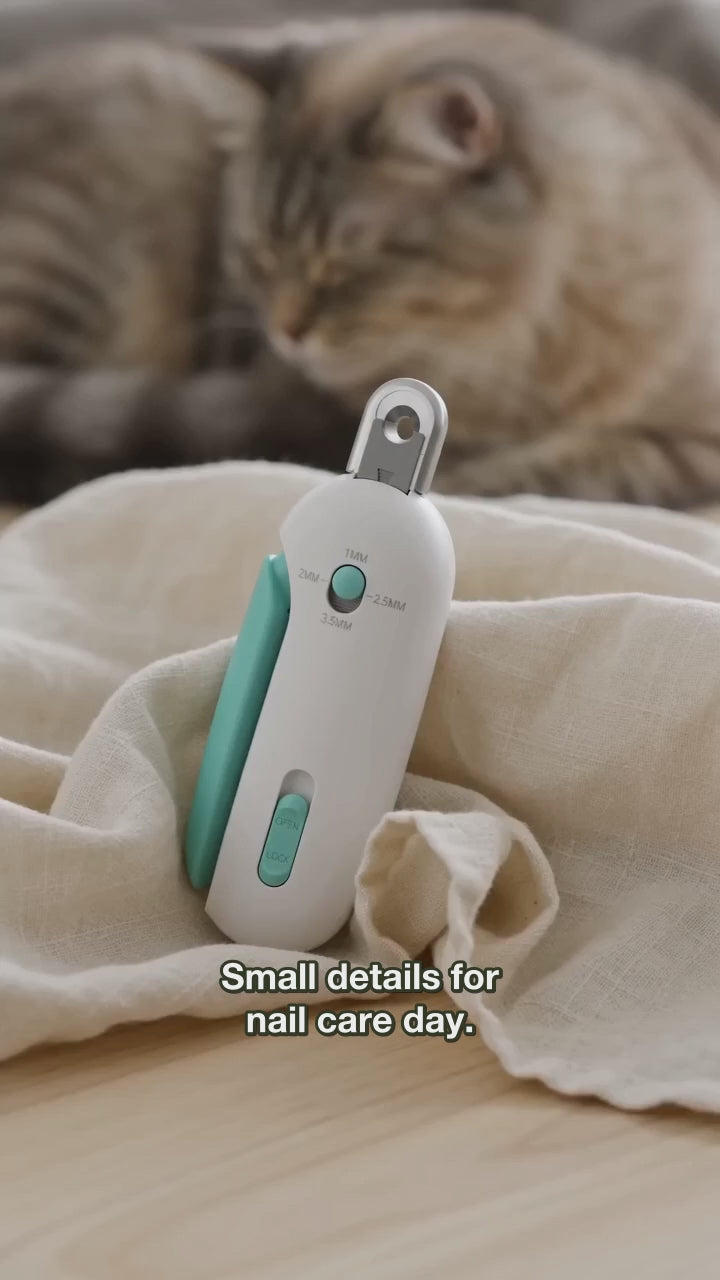 AI-generated product illustration: Blue and white manual pet nail clipper showing its adjustable round opening in a home setting.