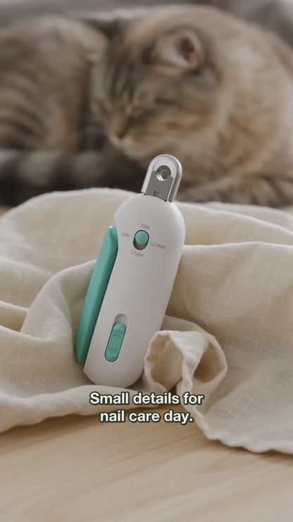 AI-generated product illustration: Blue and white manual pet nail clipper showing its adjustable round opening in a home setting.