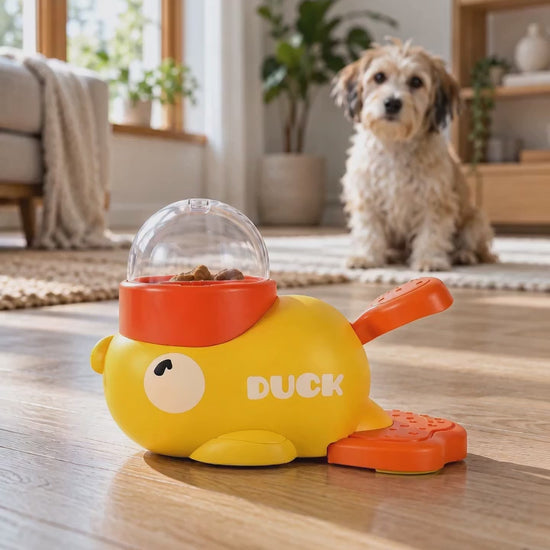 AI-generated product illustration: Yellow duck-shaped manual treat dispenser with a clear food chamber in a home setting.
