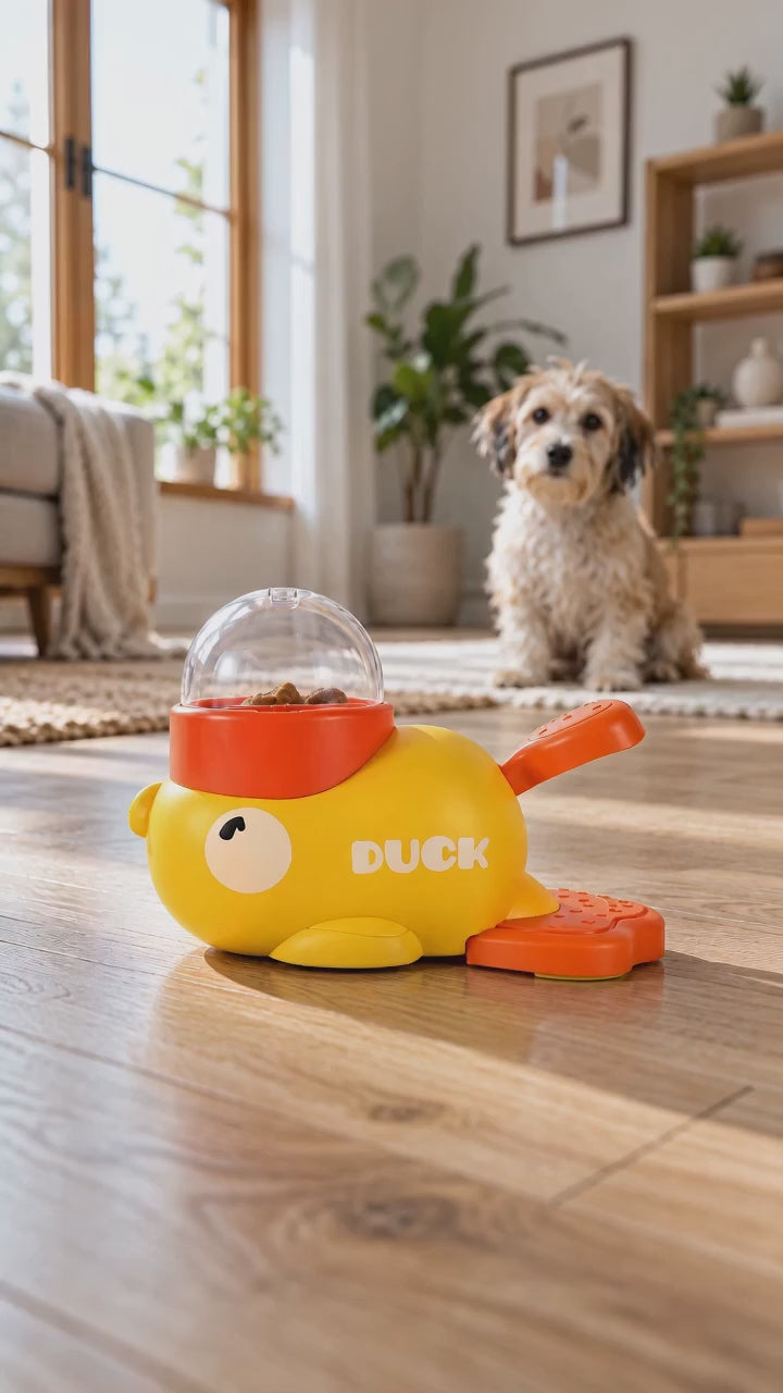 AI-generated product illustration: Yellow duck-shaped manual treat dispenser with a clear food chamber in a home setting.