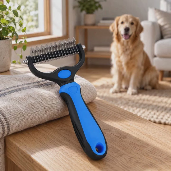 AI-generated product illustration: Blue and black double-sided grooming rake on a light wood surface with a dog in the background.