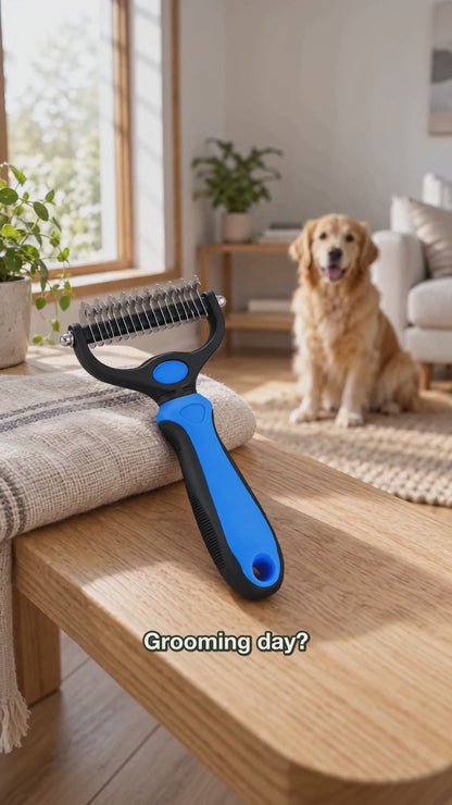 AI-generated product illustration: Blue and black double-sided grooming rake on a light wood surface with a dog in the background.