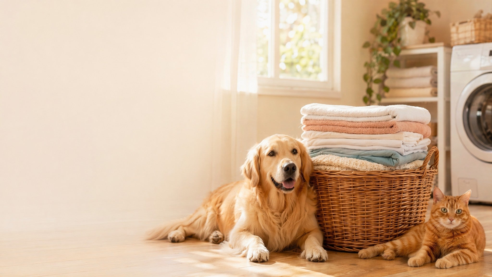 A dog and cat beside a basket of clean laundry