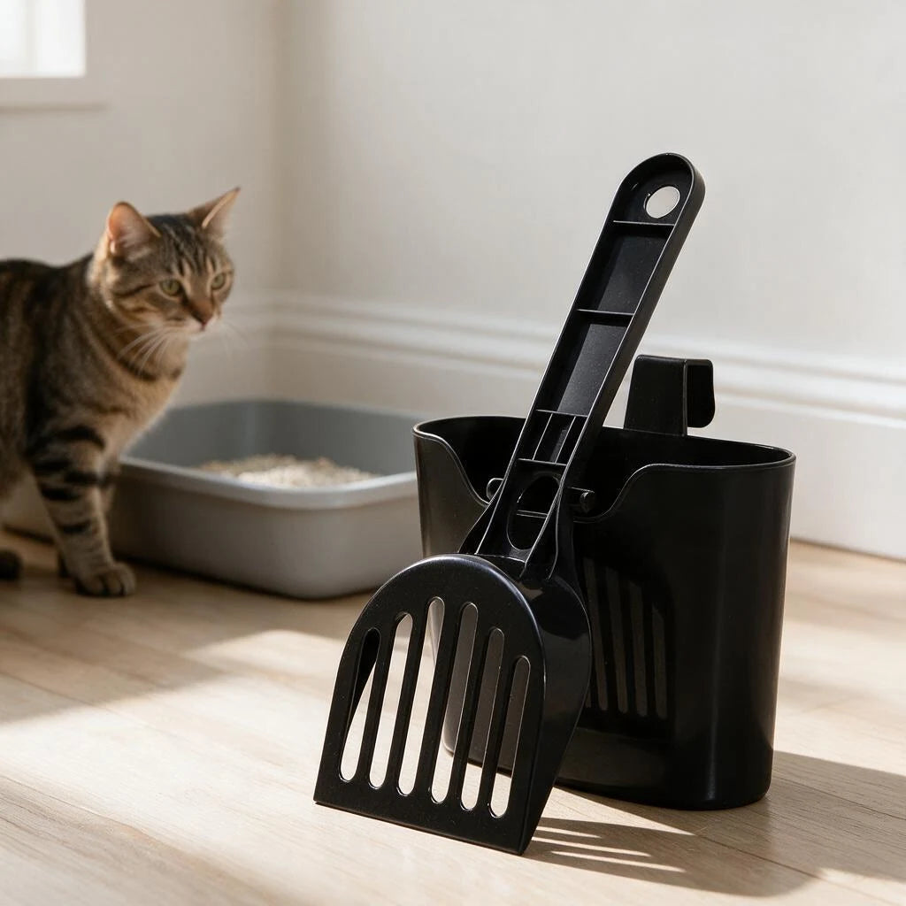 Black litter scoop and storage holder beside a litter tray, with a cat in the background.