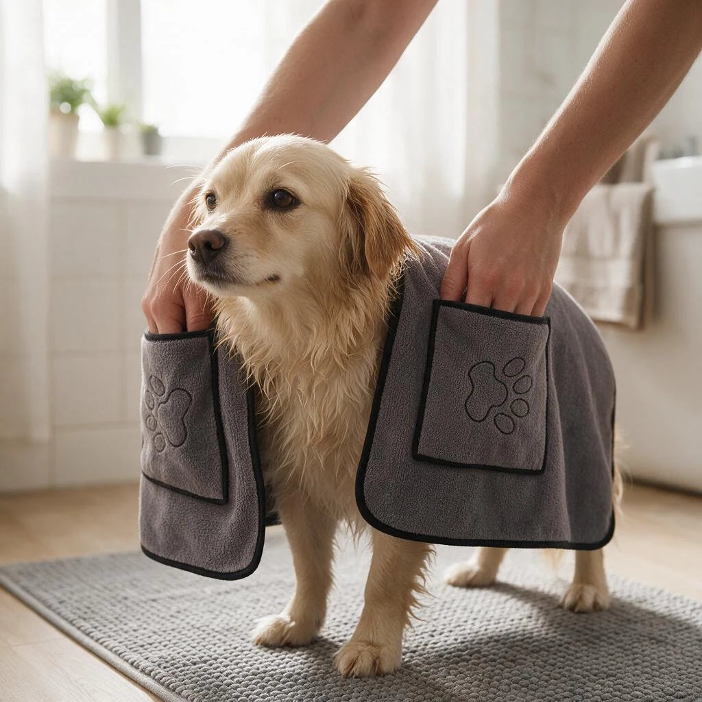 Owner holding a gray hand-pocket towel around the sides of a golden dog.