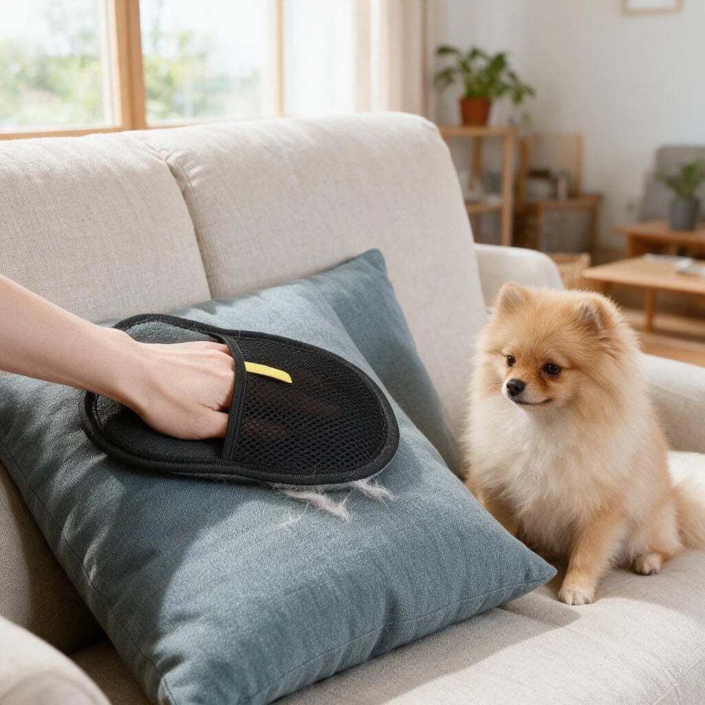 Hand using a black pet hair removal mitt on a blue cushion beside a dog.