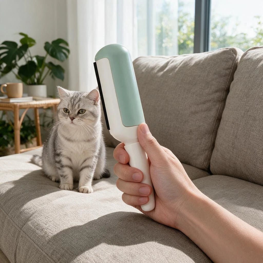 Hand holding a closed white and green pet hair roller beside a sofa and a cat.