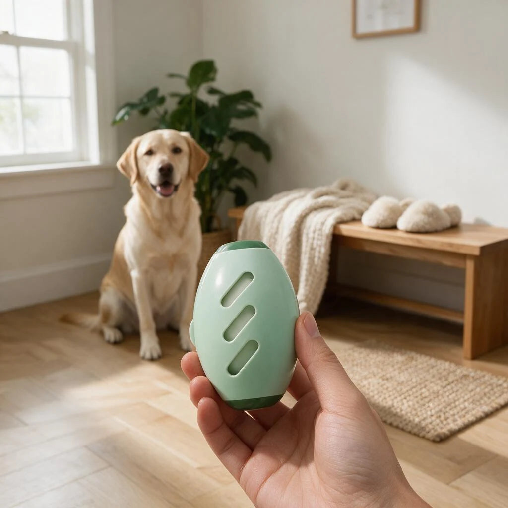 Hand holding a mint-green reusable lint roller in a living room with a dog in the background.