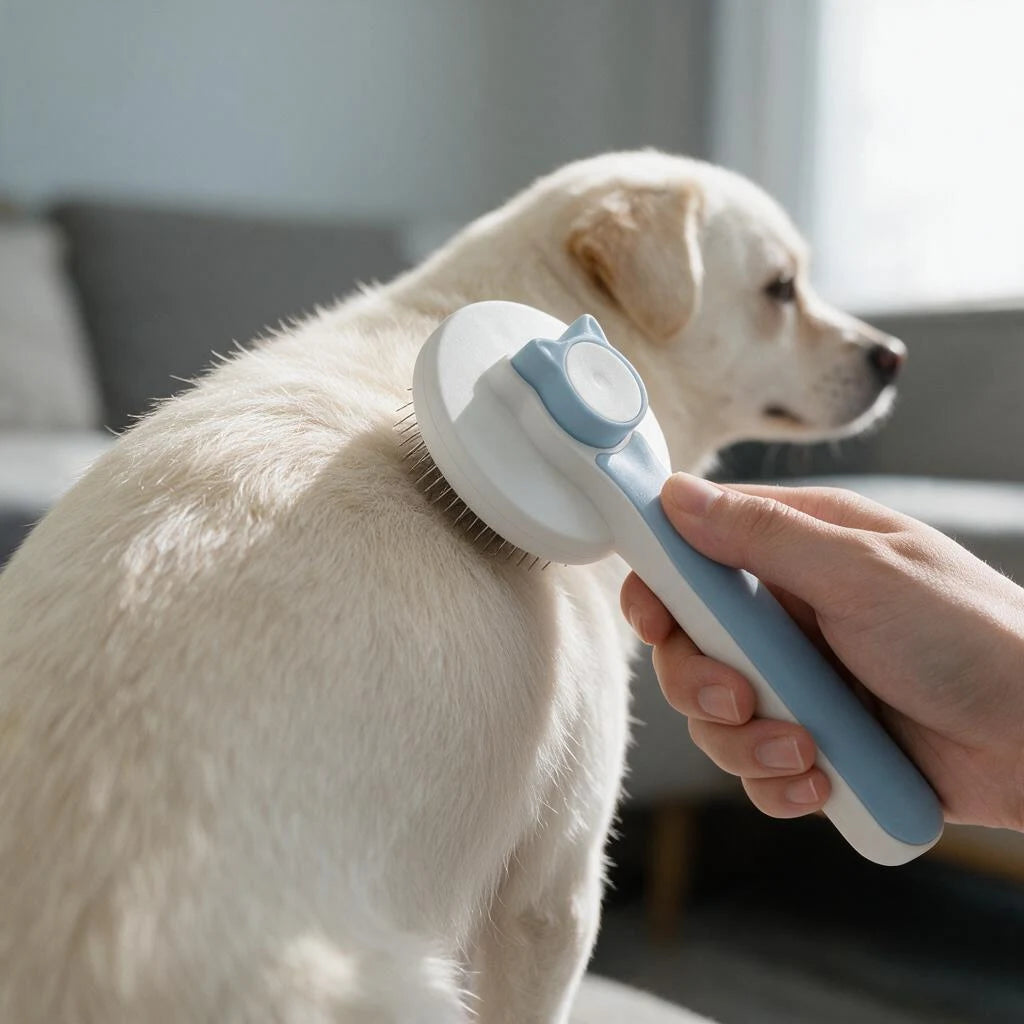 Hand using a blue self-cleaning grooming brush on a light-colored dog.